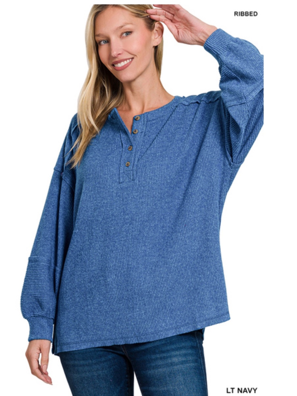 105 ❤️ lt navy Zenana RIBBED BRUSHED HACCI
MELANGE HENLEY SWEATER